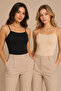 Women's 2-Piece Thin Strap Cotton Flexible Basic Undershirt Black-Tan