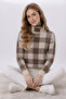 Women's Turtleneck Ecru Brown Checkered Patterned Knitwear Sweater Long Sleeve Winter Knitted Sweater - 6
