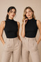 Women's 2-Piece Half Turtleneck Sleeveless Cotton Stretch Basic Undershirt Black