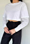 Women's Crew Neck Garnished Crop Top Sweatshirt - 3