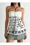 White Note Patterned Strapless Blouse with Piano Detail