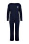 Lacivert Kalp Nakışlı Fitilli Yumuşak Tuşe Kışlık Örme Pijama Takımı THMAW26PT00094 - 4