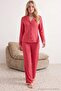 Bordo-Pembe %100 Pamuklu Çizgili Biye Detaylı Örme Pijama Takımı THMAW21PT0614 - 2