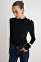 Black Stand Collar Gold Button Detailed Padded Knitted Snap Fastener Bodysuit Tpraw27Bd00021