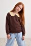 Brown Girl's Baby Collar Thick Non-Embossed Knitted Sweatshirt Tkdaw27Sw00051