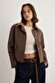 Brown Cotton Fabric Suede Epaulet Collar Detailed Oversize Fit Bomber Jacket Coat Twoaw27Mo00117