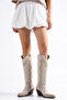 Beige Cream Leather Matte Leather Embroidered Trok Detail Western Cowboy Boots - 6