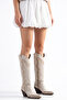 Beige Cream Leather Matte Leather Embroidered Trok Detail Western Cowboy Boots - 5