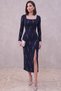 Long Sleeve Midi Length Front Slit Stone Print Fabric Graduation Evening Dress