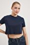 Women's Crew Neck Double Sleeve Navy Crop T-Shirt