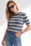 Women's Indigo Crew Neck Striped Mercerized Blouse Blz-19003447 - 5