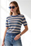 Women's Indigo Crew Neck Striped Mercerized Blouse Blz-19003447 - 2