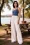 White Color High Waist Fabric Pants with Elastic Waist and Rope Ties, Linen-Like Appearance - 3