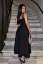 Square Neck Strap Flared Long Dress Black - 3