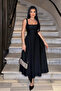 Square Neck Strap Flared Long Dress Black