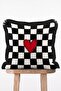 Red Heart Detailed Black and White Checkered Patterned Fringed Throw Pillow Cover