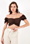 Slim Fit Gather Detailed Heart Collar Crop Blouse BLUZ5865601 - 3