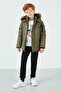 Plush Lined Hooded Slim Fit Coat with Faux Fur Collar Boys' Coat 6031050 - 4