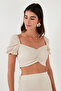 Slim Fit Gather Detailed Heart Collar Crop Blouse BLUZ5865601 - 6