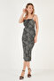 Front Gathered Rope Strap Slit Fitted Midi Dress DRESS5865362 - 3