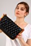 Women's Quilted Embroidered Black Mustard Color Shoulder Bag with Adjustable Shoulder Strap - 8