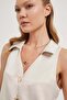 Women's Button Shirt Collar Sleeveless Cream Satin Blouse - 2