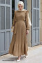 Ruffle Shoulder Pleated Linen Dress - Beige - 4