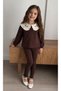 Tulip Collar Embroidery Detailed Girls' Leggings Set - Brown - 3