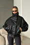 Zr Model Black Stand Collar Oversize Belted Coat Leather Jacket