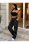Women's Black Leopard Jacquard Wide-Leg Pants with Elastic Waist - 2