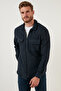 Men's Navy Blue Double Pocket Zippered Slim Fit Winter Shirt Cf21w112925 - 7