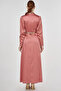 Embroidered Satin Draped Dress Rose Gold - 4
