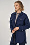 Embossed Pattern Shirt Collar Jacket Dark Navy Blue