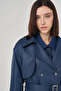 Buckle Detailed Embossed Trench Coat Navy Blue - 7