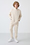 Beige Cotton Thick Fleece Lined Soft Textured Standard Fit Embroidered Boys' Tracksuit Set - 11256