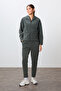 Khaki Thick Soft Textured Hooded Comfortable Fit Embroidered Fleece Women's Tracksuit Set -95338 - 6