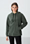 Khaki Thick Soft Textured Hooded Comfortable Fit Embroidered Fleece Women's Sweatshirt - 97292