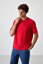 Red Waffle Interlock Surface Textured Oversize Fit Basic Men's T-Shirt - 88379 - 5