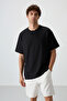 Black Waffle Interlock Surface Textured Oversize Fit Basic Men's T-Shirt - 88379 - 2