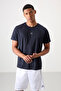 Navy Blue Breathable Textured Slim Flexible Standard Fit Men's Performance T-Shirt - 88391 - 5