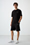 Black Cotton Thick Soft Textured Oversize Fit Embroidered Men's Shorts Set - 85250