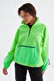 Neon Green Hem Gathered Half Zipper Standard Fit Women's Fleece Sweatshirt - 97238 - 4