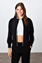 Black Compact Cotton Thick Smooth Textured Stand Collar Standard Fit Women's Tracksuit Set - 95340 - 3