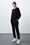Black Compact Cotton Thick Smooth Textured O-Neck Standard Fit Women's Tracksuit Set - 95341 - 4