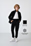 Black Cotton Thick Inside Hairy Soft Textured Standard Fit Embroidered Boys' Tracksuit Suit - 11240