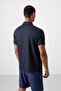 Navy Blue Breathable Textured Slim Flexible Standard Fit Polo Neck Men's Performance T-Shirt - 88392 - 5