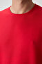 Red Waffle Interlock Surface Textured Oversize Fit Basic Men's T-Shirt - 88379 - 4