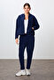 Navy Blue Thick Soft Textured Hooded Comfortable Fit Embroidered Fleece Women's Tracksuit Set -95338 - 6