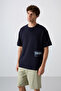 Navy Blue Cotton Thick Soft Textured Oversize Fit Printed Men's T-Shirt - 88322 - 4