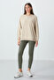 Beige Compact Cotton Thick Smooth Textured O-Neck Oversize Fit Women's Sweatshirt - 97288 - 5